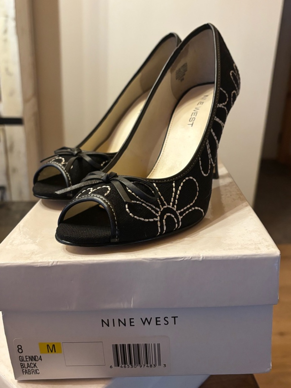 Nine West Black Peep-Toe Heels with White Floral Stitching
